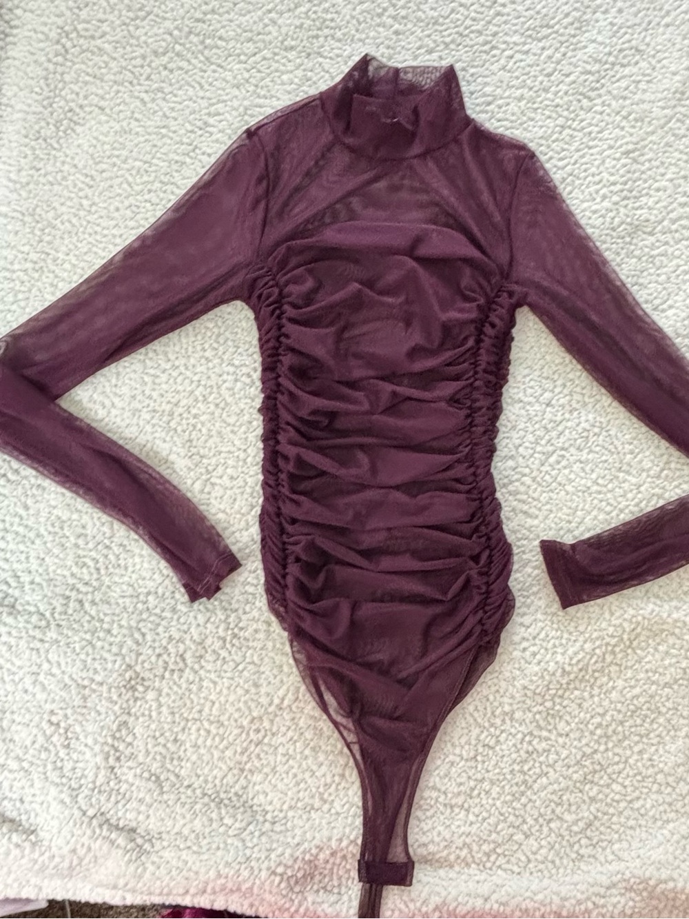 Fashion Nova Burgundy Ruched Mesh Long-Sleeve One-Piece Bodysuit